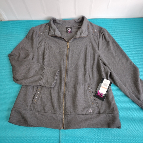 Gloria Vanderbilt Women's Studded Sweatshirt Jacket Full Zip Gray 2X - Picture 2 of 13